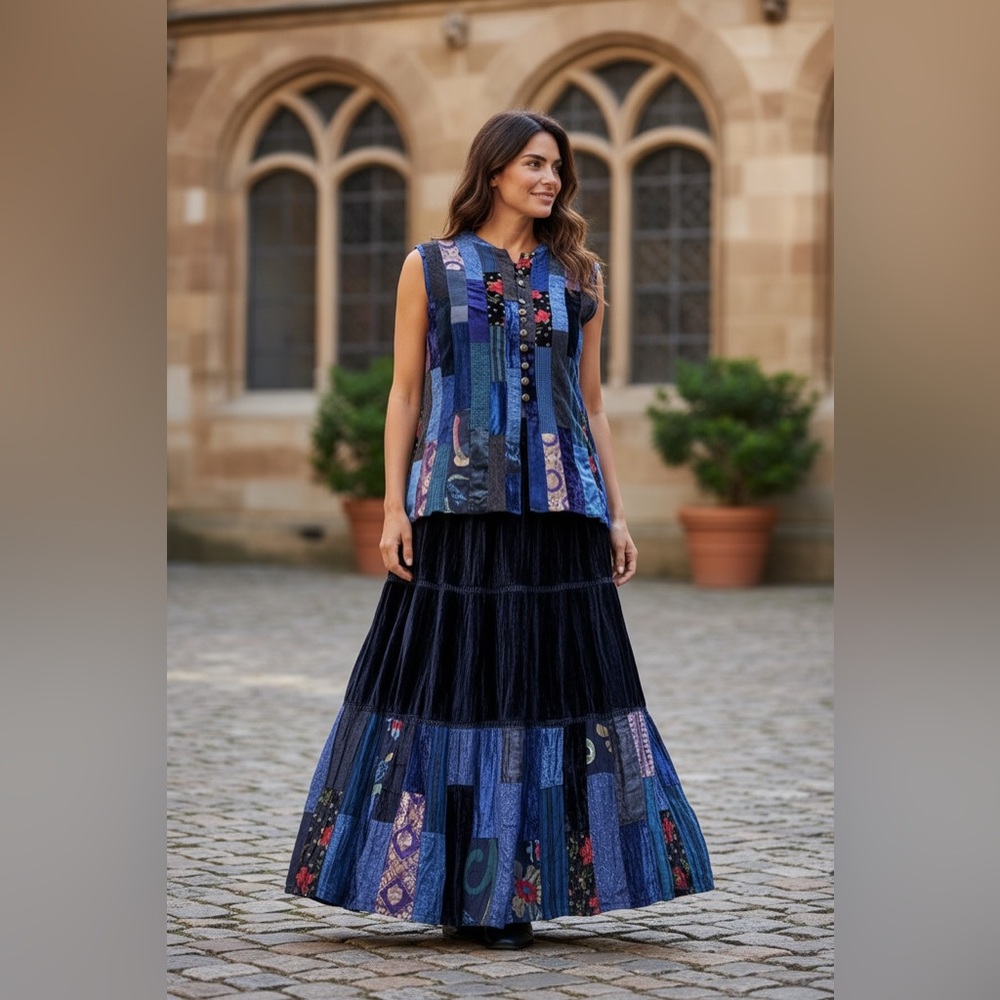 Papillon Blue Patchwork Mixed Media Tiered Maxi Skirt & Sleeveless Top Set